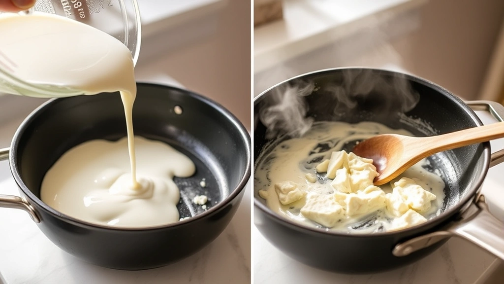 process: pouring heavy cream into skillet with melting Boursin cheese, steam rising, wooden spoon stirring, bright kitchen counter, natural daylight, photorealistic, no text
