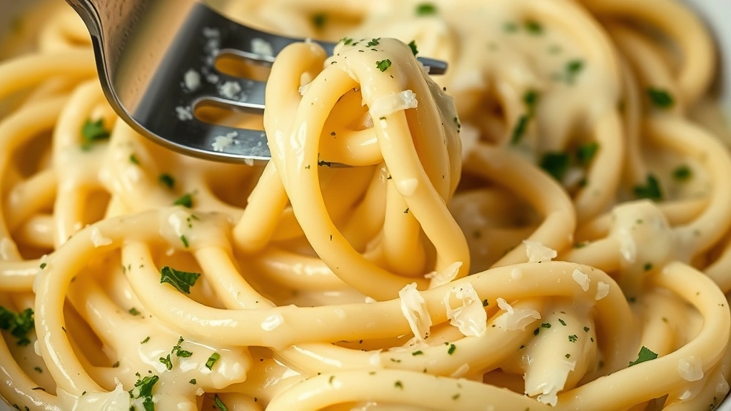 detail: close-up of fettuccine coated in silky cream sauce with herbs, Parmesan shreds visible, fork twirling pasta, macro photography, natural light, photorealistic, no text