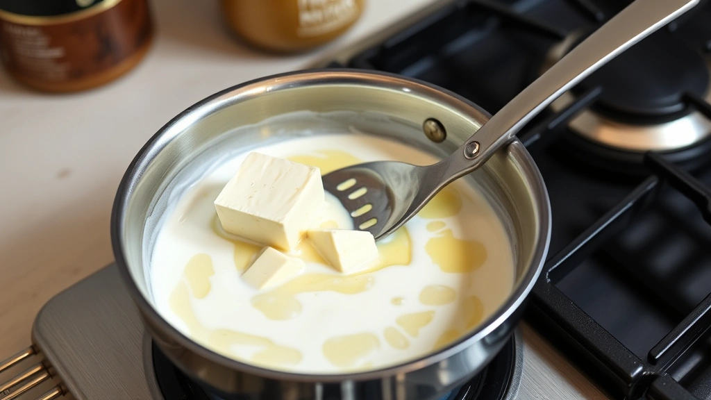process: melting Boursin cheese into butter and cream in stainless steel skillet on stovetop, photorealistic, natural kitchen light, no text