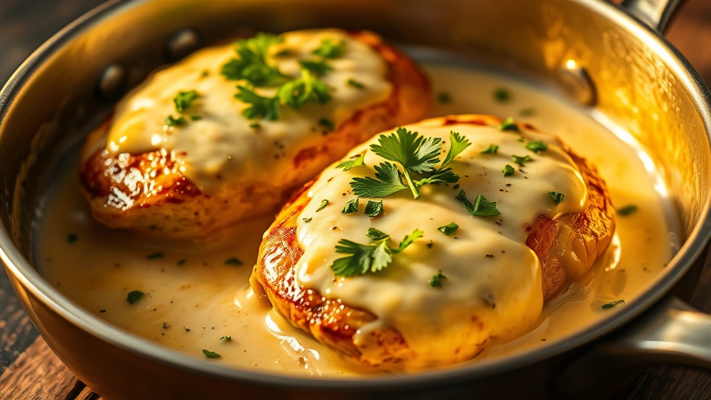 hero: creamy boursin chicken in a skillet with fresh parsley garnish, warm golden light from the side, melted cheese sauce coating the chicken breast, photorealistic, natural light, no text