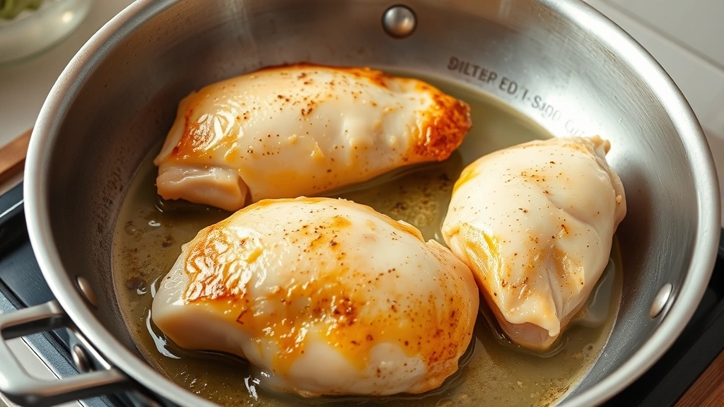 process: searing chicken breasts in butter and oil in a stainless steel skillet, golden crust forming, steam rising, photorealistic, natural light, no text