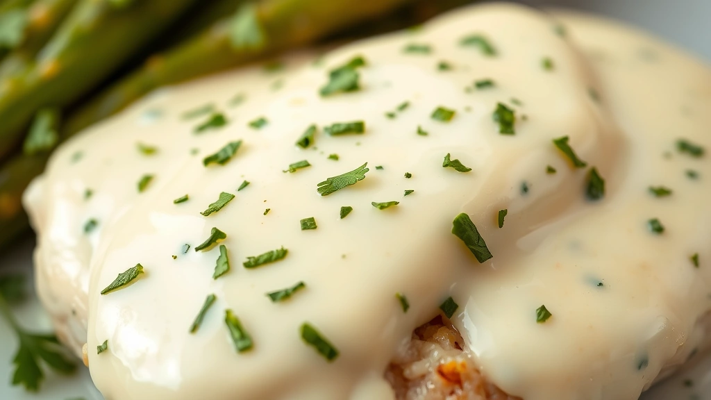 detail: close-up of creamy boursin sauce coating a chicken breast with fresh parsley flakes, silky smooth texture visible, photorealistic, natural light, no text