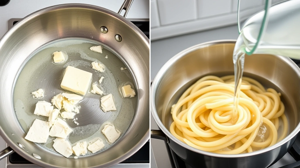 process: melting boursin cheese with butter in stainless steel skillet, pasta water being poured, steam rising, natural kitchen lighting, no text