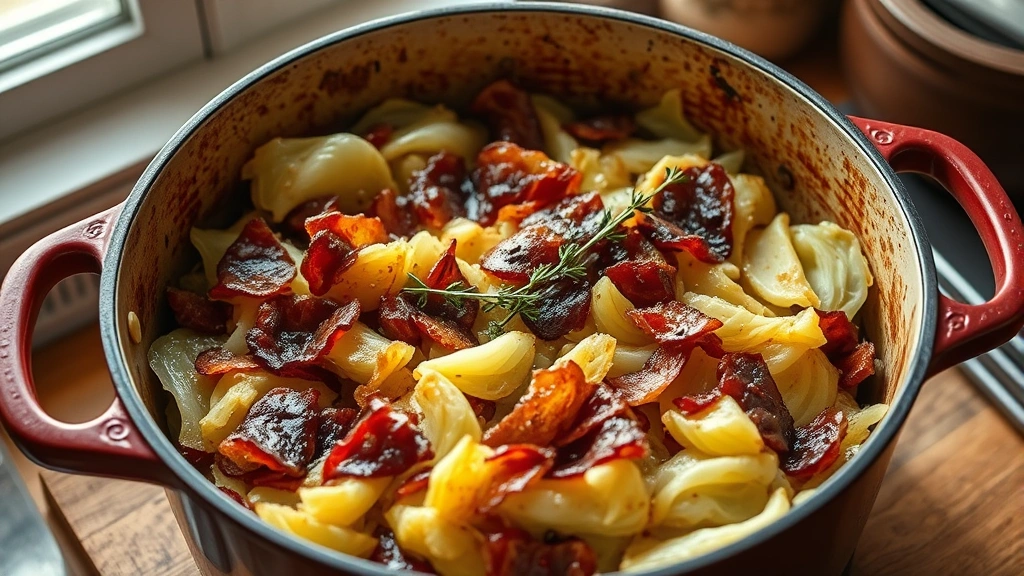 hero: finished braised cabbage in Dutch oven with crispy bacon and caramelized onions, golden brown edges, fresh thyme garnish, warm natural window light, cozy kitchen setting, no text or watermarks