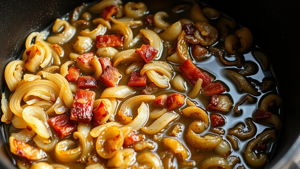 process: caramelized onions cooking in bacon fat in cast iron Dutch oven, medium close-up angle, showing texture and color development, natural daylight, no text