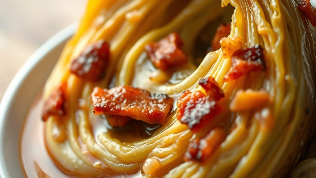 detail: close-up macro shot of braised cabbage wedge with crispy bacon pieces and glossy braising liquid, shallow depth of field, warm golden lighting, no text