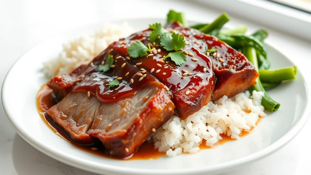 hero: braised pork belly on white plate with glossy caramel glaze, sesame seeds and cilantro garnish, steamed rice and green vegetables, photorealistic, natural window light, no text