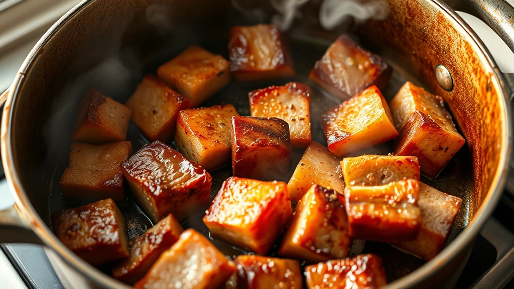 process: searing pork belly cubes in Dutch oven creating golden brown crust, steam rising, aromatic spices visible, photorealistic, natural light, no text
