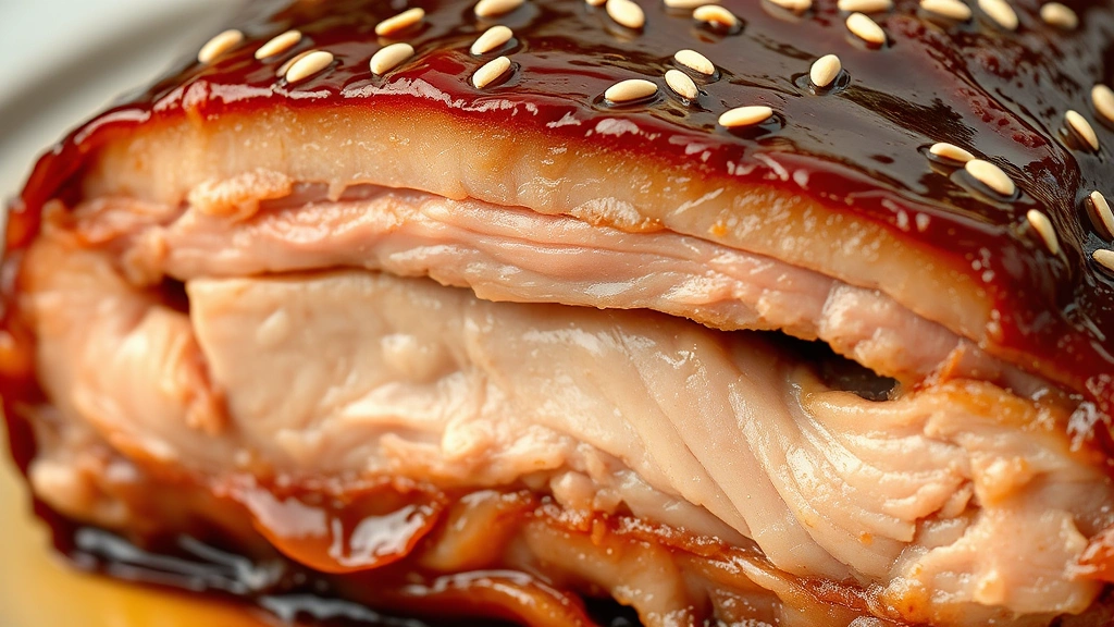 detail: close-up cross-section of braised pork belly showing tender meat and rendered fat layers, glossy glaze coating, sesame seeds, photorealistic, natural light, no text