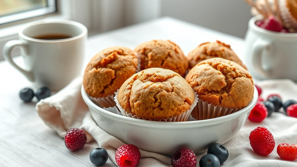 hero: golden-brown bran muffins in white ceramic bowl with linen napkin, fresh berries scattered nearby, coffee cup in background, photorealistic, natural morning window light, no text