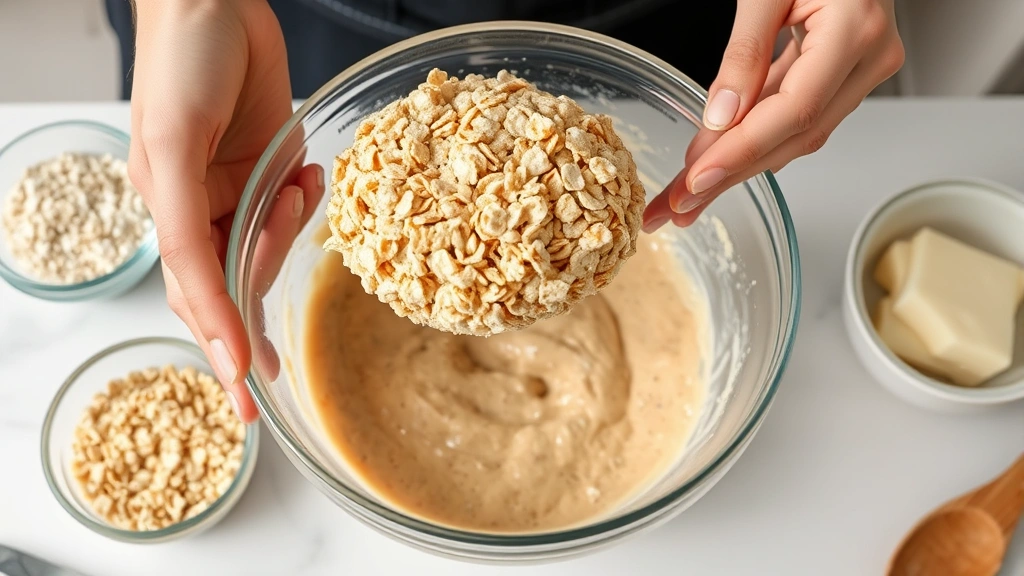 process: hands folding bran cereal into wet batter in glass mixing bowl, wooden spoon visible, ingredients arranged nearby, photorealistic, bright kitchen lighting, no text