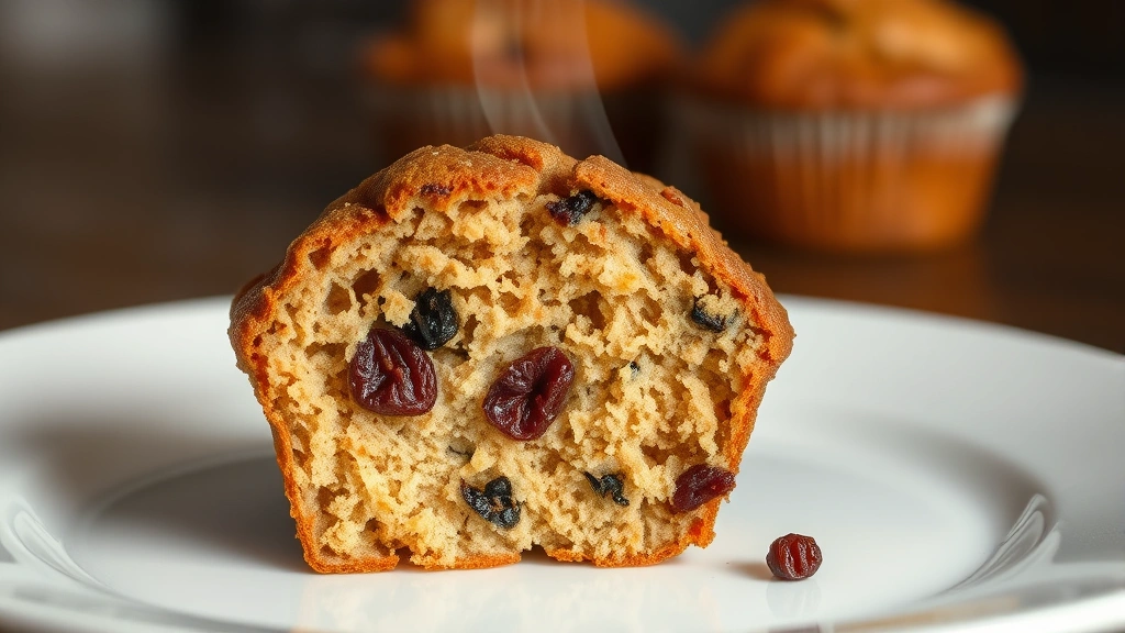 detail: close-up cross-section of warm bran muffin showing tender crumb structure and raisins, steam rising, on white plate, photorealistic, soft natural light, no text