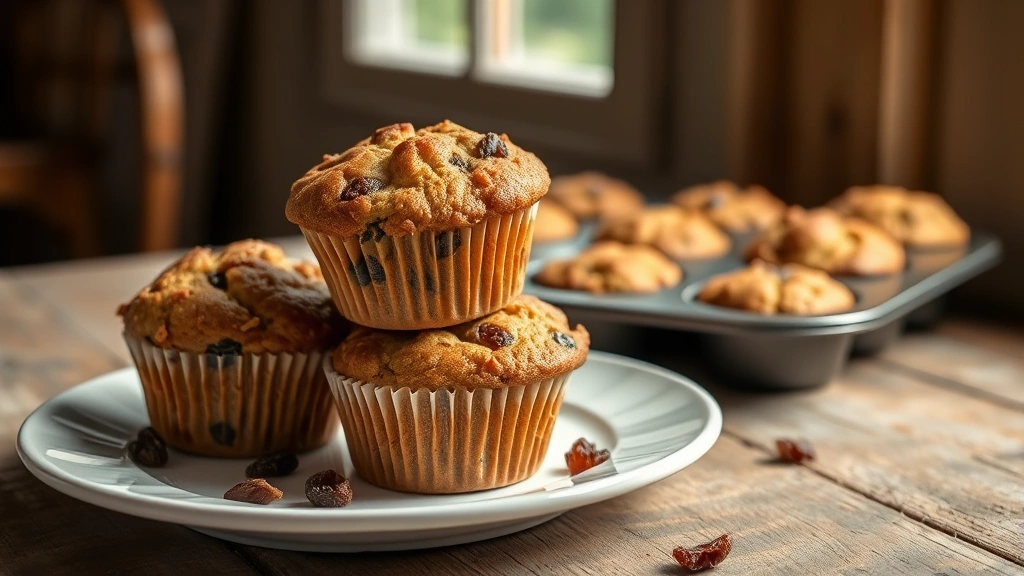 hero: golden brown bran muffins in a muffin tin, stacked on white plate with raisins visible, warm natural window light, rustic wooden table, no text or watermark