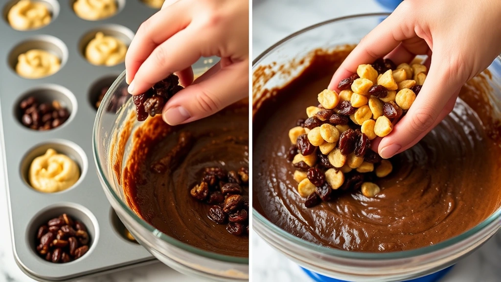 process: hands folding raisins into dark batter in a large mixing bowl, muffin tin with batter visible in background, bright kitchen light, no text or watermark