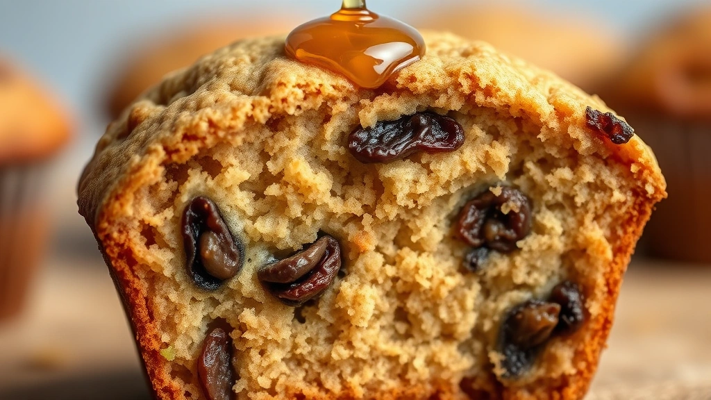 detail: close-up cross-section of a single bran muffin showing tender crumb structure and plump raisins throughout, honey drizzle on top, shallow depth of field, no text or watermark
