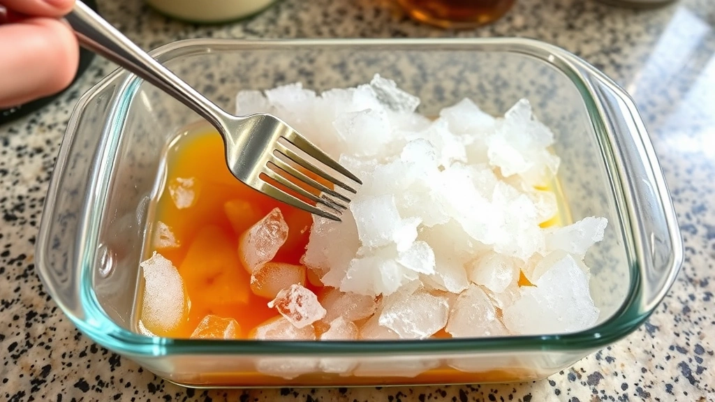 process: fork scraping and stirring partially frozen brandy slush in clear glass baking dish, ice crystals visible, kitchen counter setting, photorealistic, natural light, no text