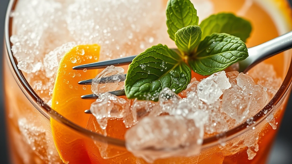detail: close-up of brandy slush texture with fork, showing ice crystals and wet snow consistency, fresh mint leaf and citrus peel beside glass, photorealistic, macro photography, natural light, no text