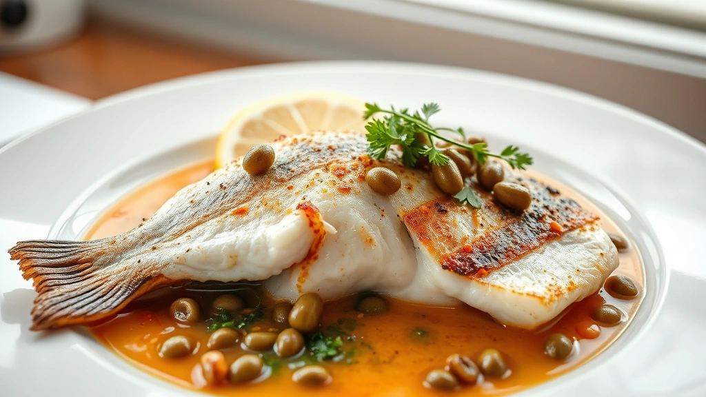 hero: perfectly cooked branzino fillet with crispy golden skin, pan sauce with capers and lemon, fresh herbs garnish, white plate, Mediterranean style, photorealistic, natural bright window light, no text, professional food photography