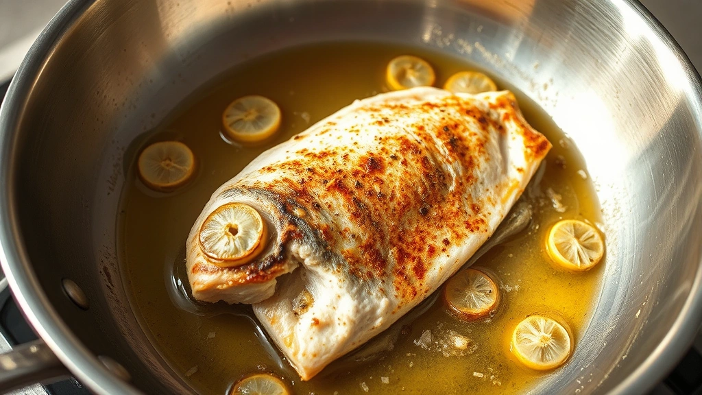 process: branzino fillet sizzling in hot oil in stainless steel skillet, garlic slices visible, golden crust forming on fish skin, mid-cooking action shot, photorealistic, warm natural light, no text
