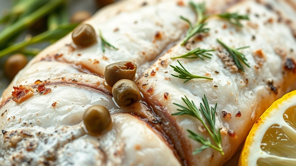 detail: close-up of cooked branzino fillet showing flaky white flesh, crispy skin texture, capers and fresh dill garnish, lemon slice, shallow depth of field, photorealistic, natural light, no text