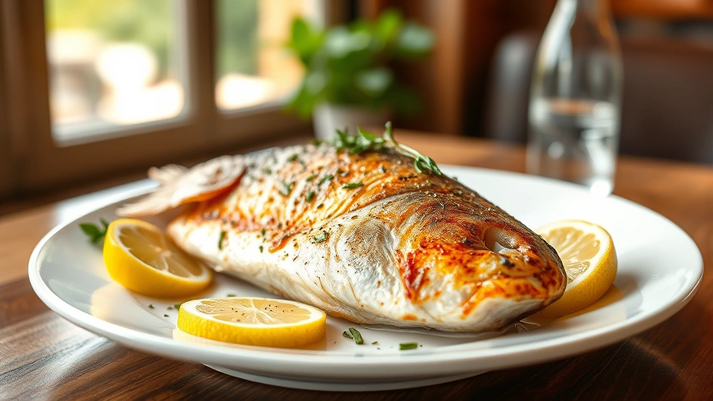hero: golden-brown whole pan-seared branzino on white plate with lemon slices and fresh herbs, Mediterranean restaurant plating, natural window light, shallow depth of field