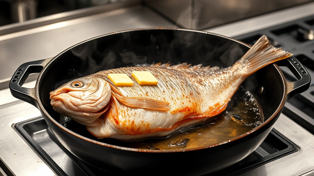 process: whole branzino being flipped in hot cast-iron skillet with butter basting, golden skin visible, steam rising, professional kitchen lighting