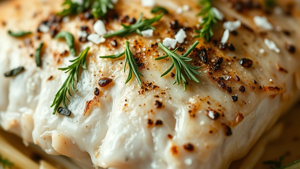 detail: close-up of crispy branzino skin with fresh dill and fleur de sel garnish, flaky white flesh visible, warm golden tones, macro photography