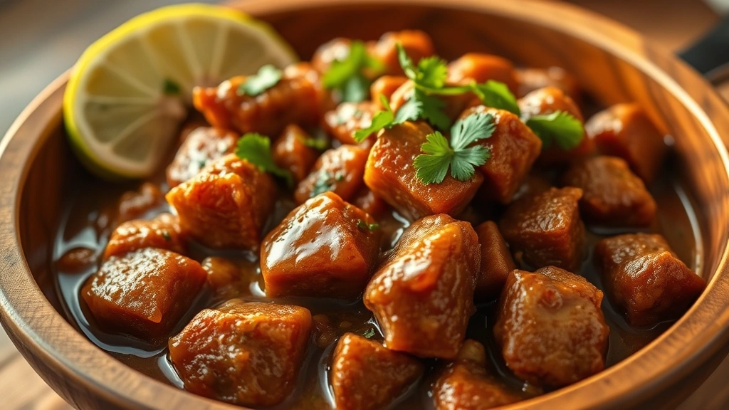 hero: Brazilian mounjaro dish with apple cider vinegar sauce, photorealistic, natural golden hour lighting, garnished with cilantro and lime wedges, wooden serving bowl, no text, appetizing warm tones