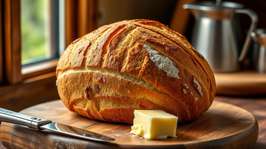 hero: Golden-brown rustic no-yeast bread loaf with cross score on top, sitting on wooden surface with butter and kitchen knife, warm natural window light, artisan bakery style, no text