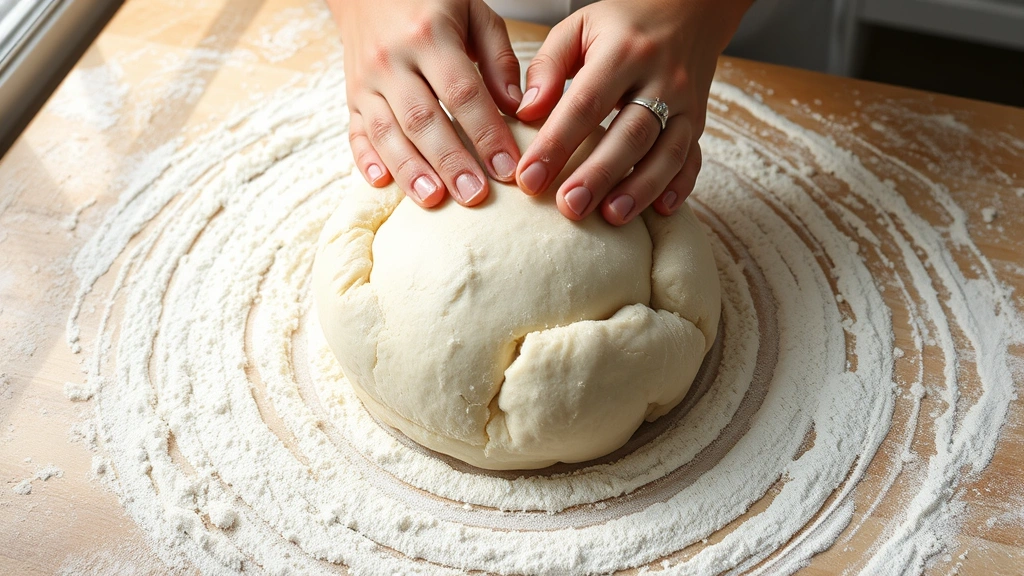 process: Hands shaping round dough on floured surface, shaping into loaf, flour dusting, natural daylight from window, baking preparation, no text