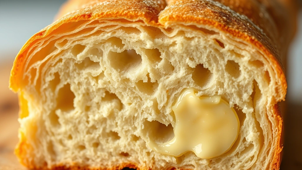 detail: Close-up cross-section of sliced bread showing tender crumb structure and golden crust, steam rising, butter melting on warm slice, macro photography style, no text