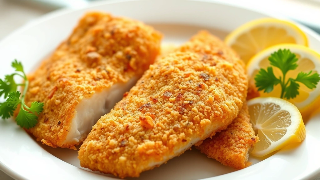 hero: golden-brown breaded fish fillets on white plate with lemon wedges and fresh parsley garnish, photorealistic, natural window light, no text