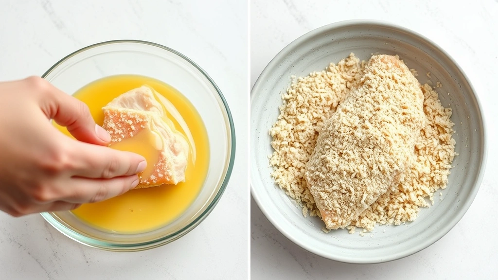 process: hand dipping fish fillet in egg mixture then coating with panko breadcrumbs, photorealistic, natural kitchen light, no text