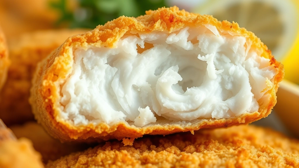 detail: close-up of crispy golden breaded fish fillet cross-section showing flaky white fish interior, photorealistic, natural light, no text