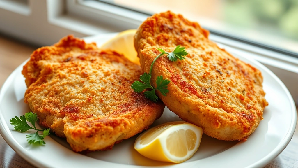 hero: golden breaded pork chops on white plate with fresh lemon wedges and parsley garnish, photorealistic, natural window light, no text