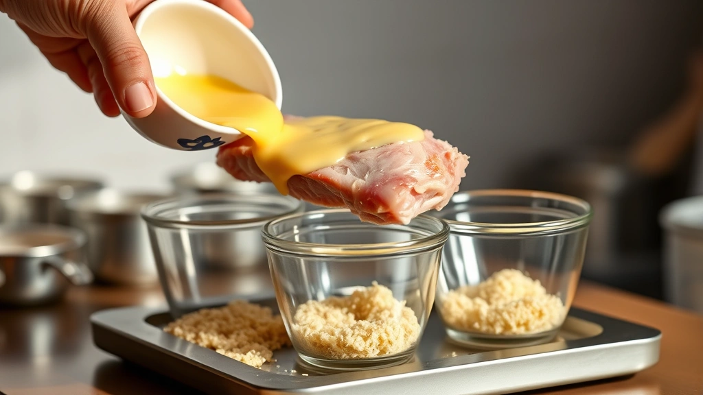 process: pork chop being dipped in egg wash over three-bowl breading station, photorealistic, bright kitchen lighting, no text