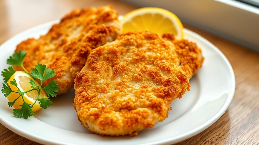 hero: Golden crispy breaded pork chops on a white plate with fresh lemon wedges and parsley garnish, photorealistic, natural window light, no text