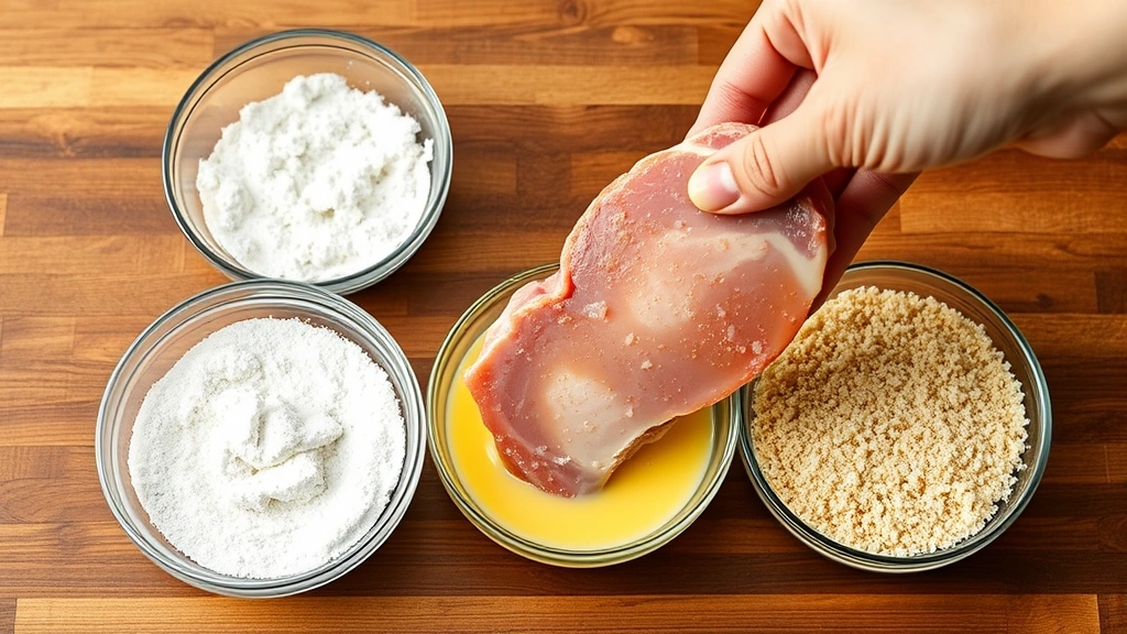 process: Breading station setup with three shallow bowls of flour, egg wash, and panko, with a raw pork chop being dipped, photorealistic, natural light, no text