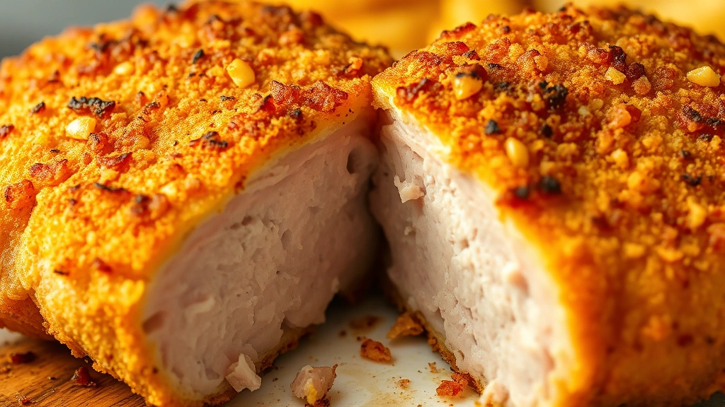 detail: Close-up of golden crispy breaded pork chop cut in half showing juicy interior, photorealistic, natural light, no text