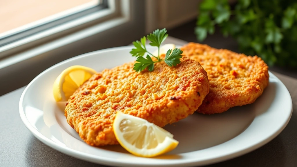 hero: golden crispy breaded pork chops on white plate with fresh lemon wedges and parsley garnish, photorealistic, natural window light, no text