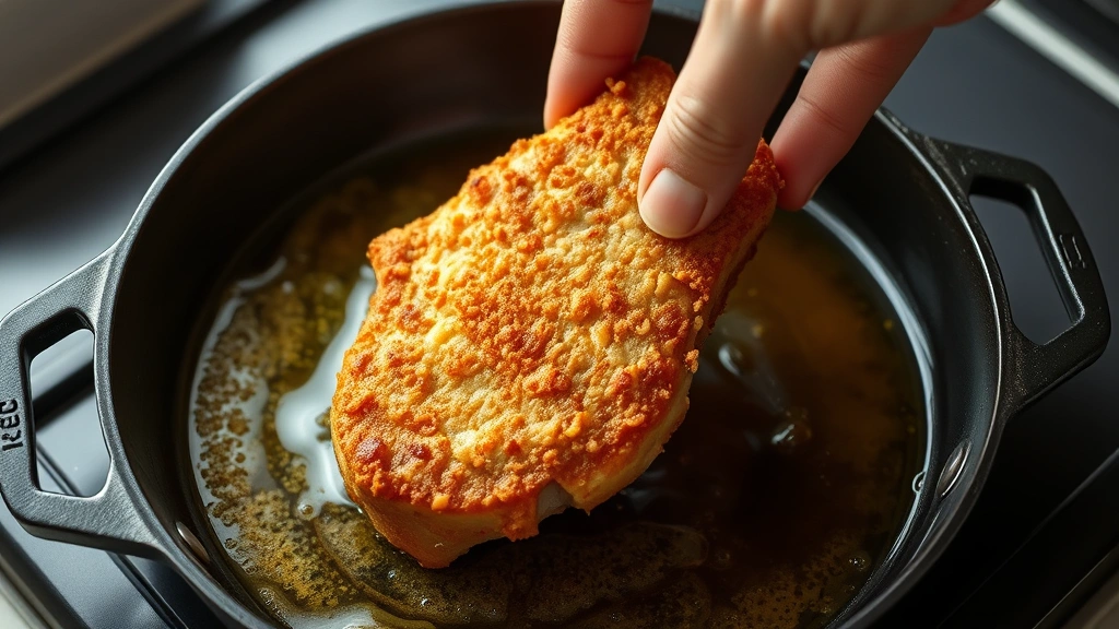 process: hand dipping breaded pork chop into hot oil in cast iron skillet, golden oil bubbling, photorealistic, natural light, no text
