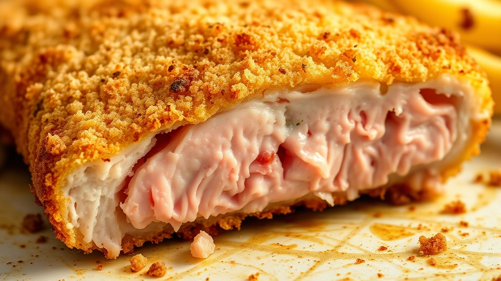detail: close-up cross-section of perfectly cooked breaded pork chop showing crispy golden crust and juicy pink center, photorealistic, natural light, no text