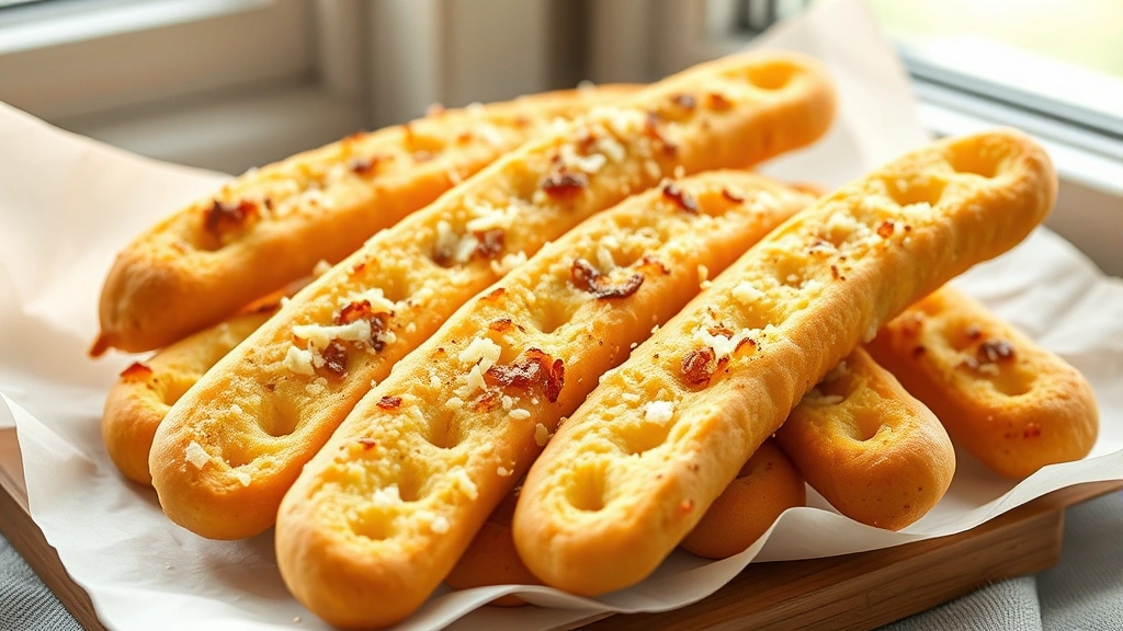 hero: golden brown garlic breadsticks fresh from oven with melted butter and parmesan cheese, steam rising, arranged on white parchment paper, photorealistic, natural window light, no text