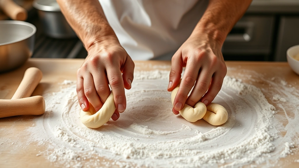 process: hands shaping and rolling dough into breadstick ropes on floured surface, professional kitchen setting, photorealistic, warm natural light, no text