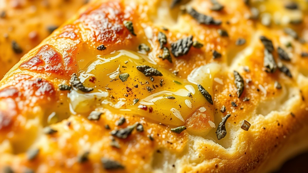 detail: close-up of brushed breadstick with glistening garlic butter and herbs, golden-brown surface texture visible, photorealistic, macro photography, natural light, no text