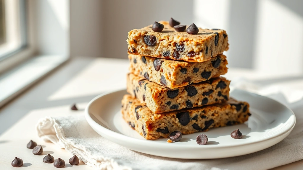 hero: homemade breakfast bars stacked on white plate, dark chocolate chips visible on top, natural morning sunlight streaming from left, minimalist preppy styling with linen napkin, photorealistic, sharp focus
