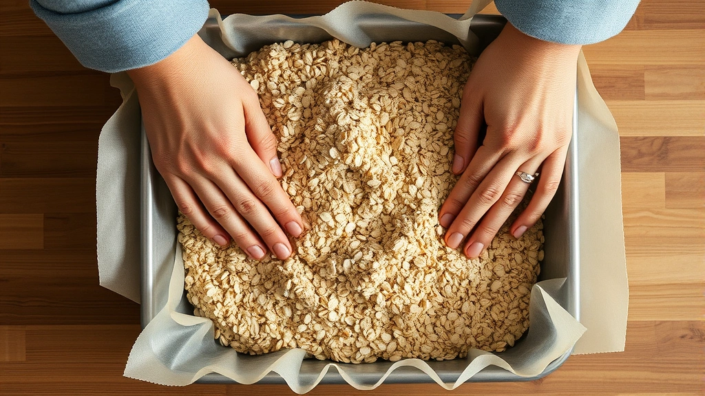 process: hands pressing oat mixture into baking pan lined with parchment paper, overhead angle, natural kitchen light, showing texture detail, photorealistic