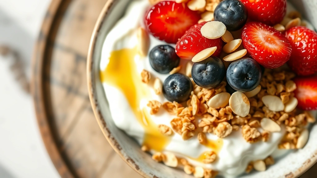 hero: overhead view of a beautiful breakfast bowl with layers of creamy Greek yogurt, vibrant fresh berries, golden granola, sliced almonds, and honey drizzle in morning natural light, shallow depth of field, no text