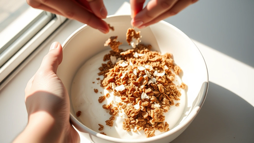 process: hands sprinkling granola and coconut flakes over creamy yogurt base in a white ceramic bowl, natural window light creating shadows, action shot showing the assembly technique, no text