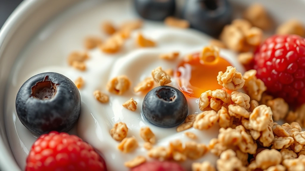 detail: extreme close-up of the breakfast bowl showing texture contrast between creamy yogurt, plump berries, crunchy granola clusters, and honey pearls, macro photography with shallow depth of field, no text